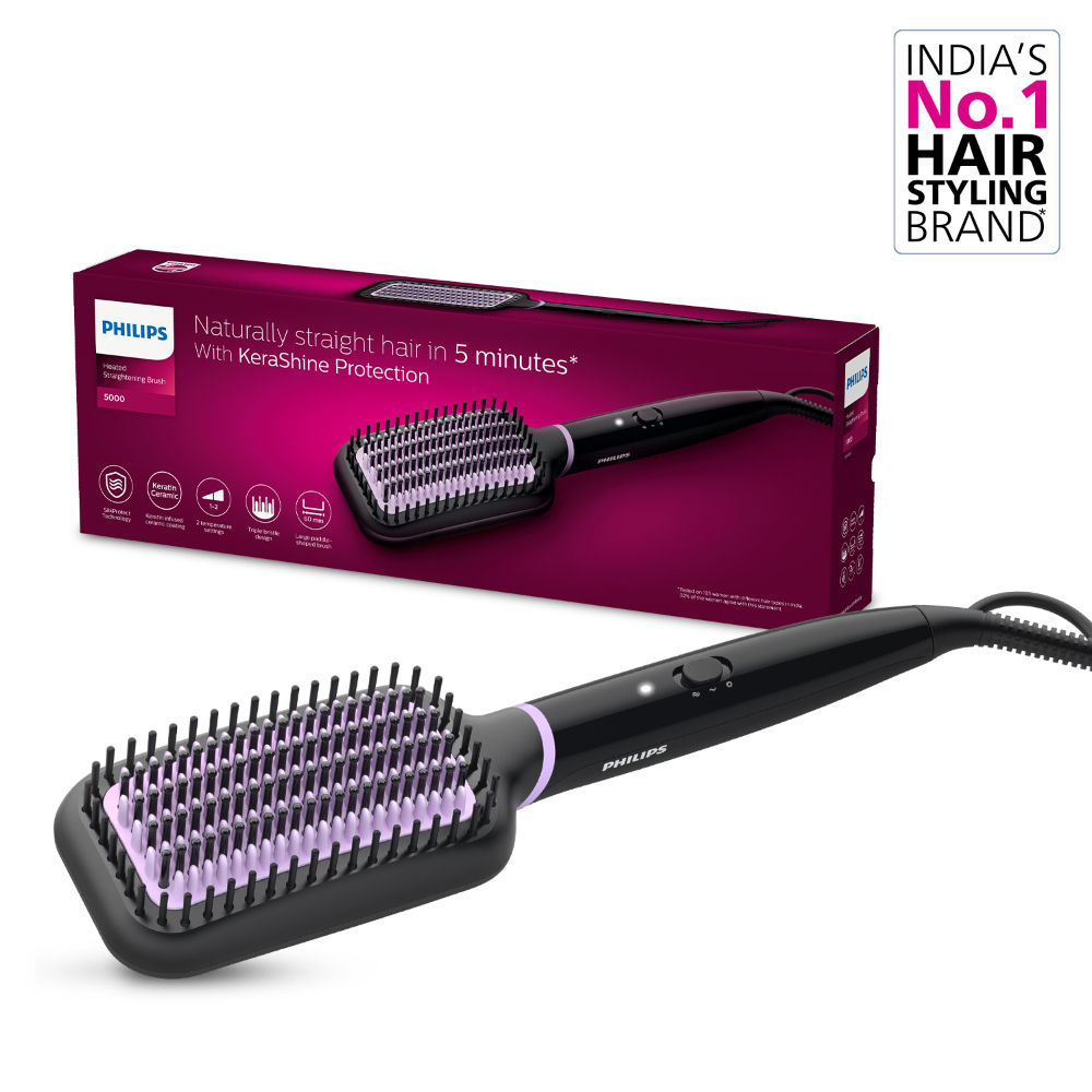 Philips Hair Straightener Brush | Naturally Straight Hair in 5 mins* - 5X less Frizz | BHH880/10