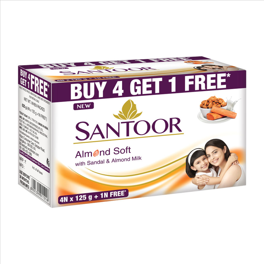 Santoor Sandal And Almond Milk Soap (Buy 4 Get 1 Free 125g Each)
