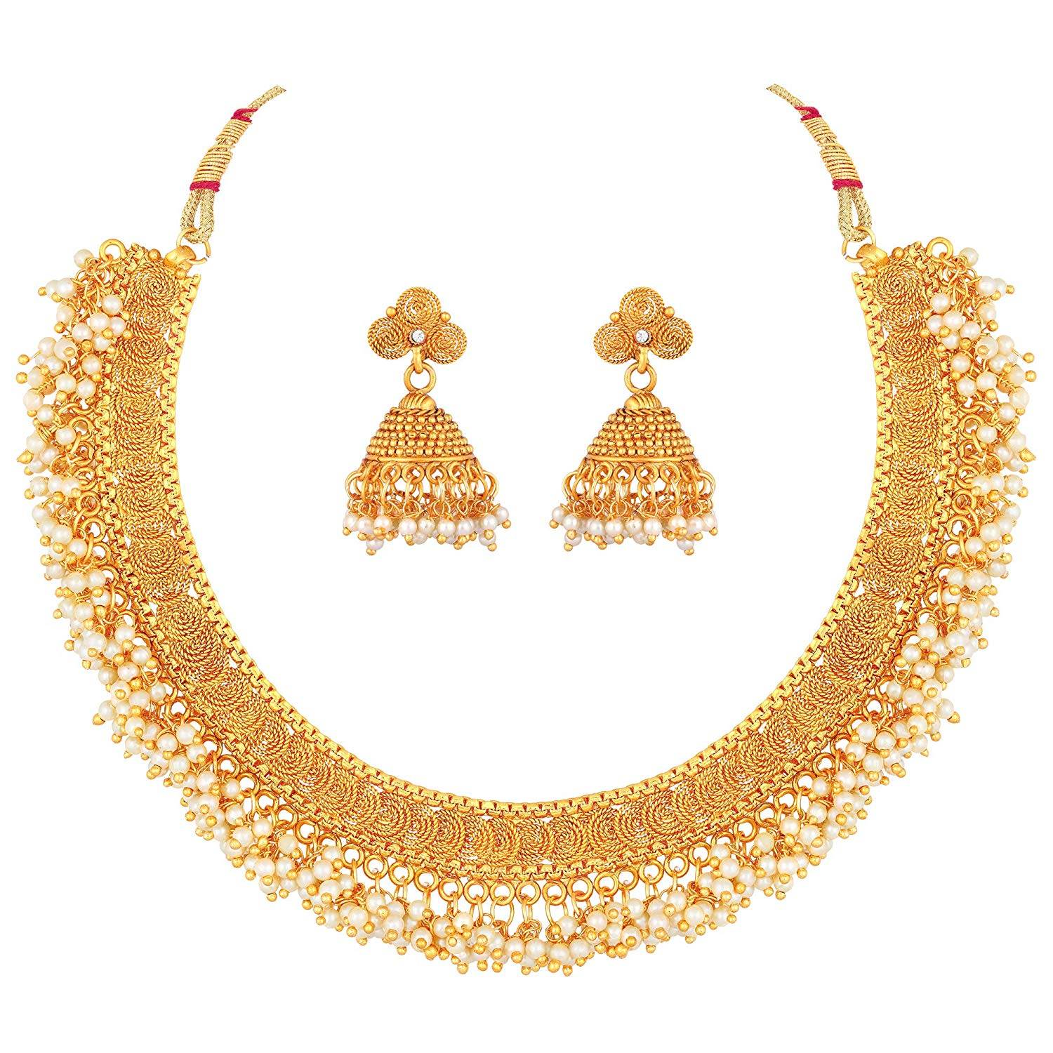 Peora 18K Gold Plated White Beads Traditional Brass Necklace Set with Earrings (PF04N107)