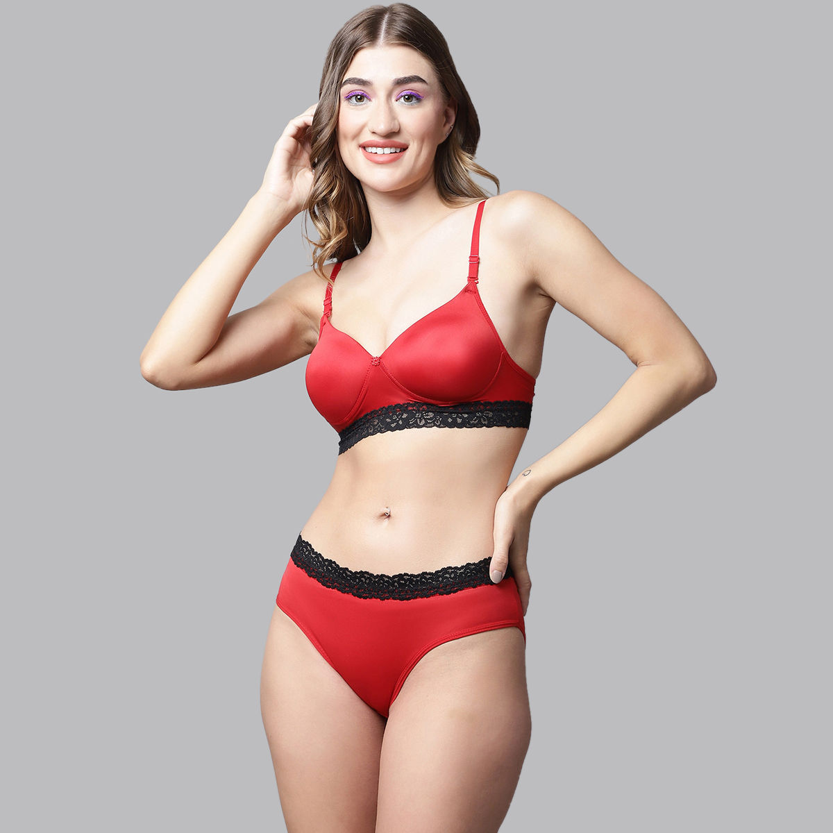 Buy PrettyCat Lightly Padded Non-wired With Lace Panel Demi Cup T-shirt Bra  Panty (Set of 2) Online