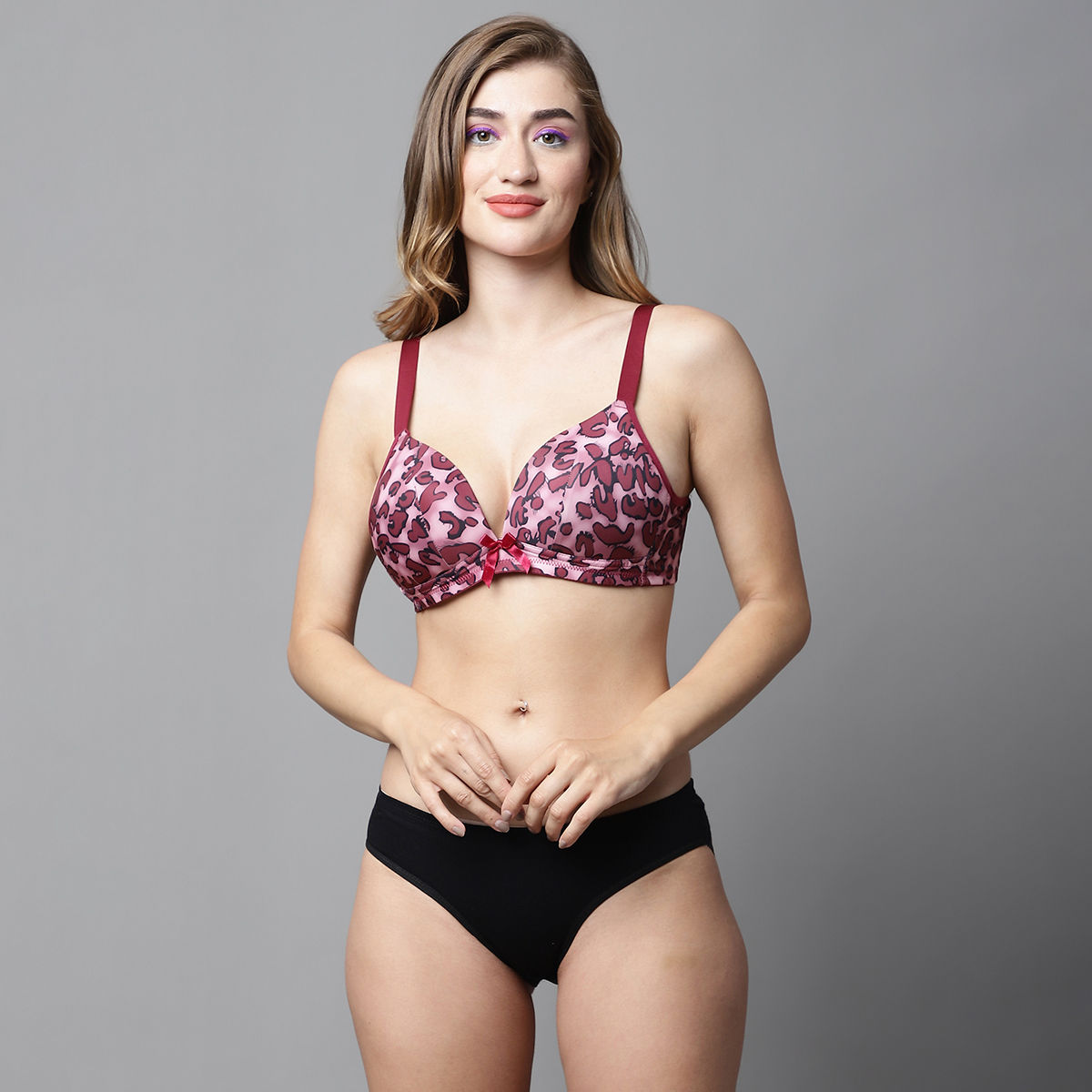 Buy PrettyCat Lightly Padded Non-wired Demi Cup Animal Print Plunge Bra  Panty (Set of 2) Online