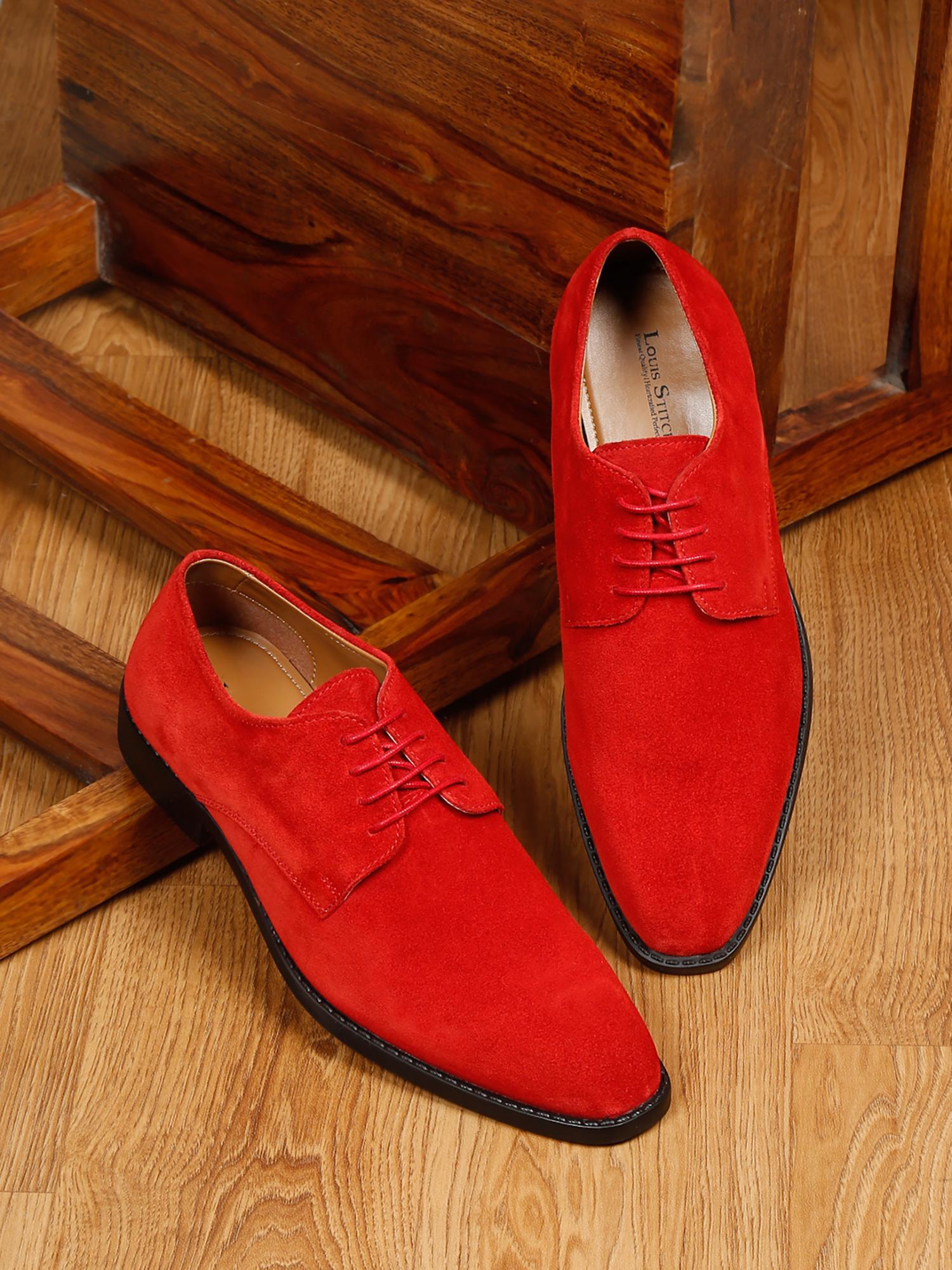 Buy Louis Stitch Solid Red Italian Suede Leather Derbies Online