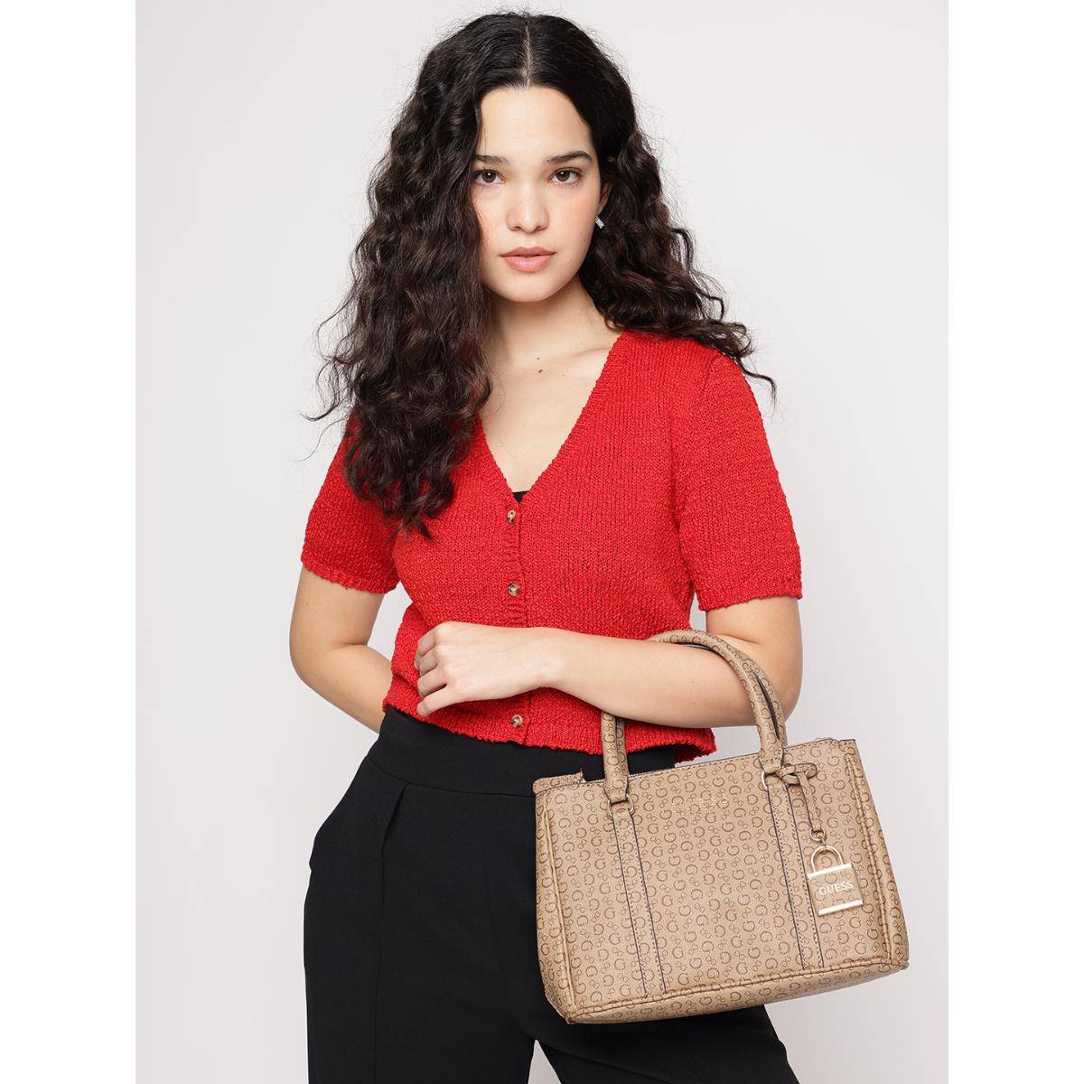 Guess Brown Printed Saffron Satchel Bag with Detachable Strap