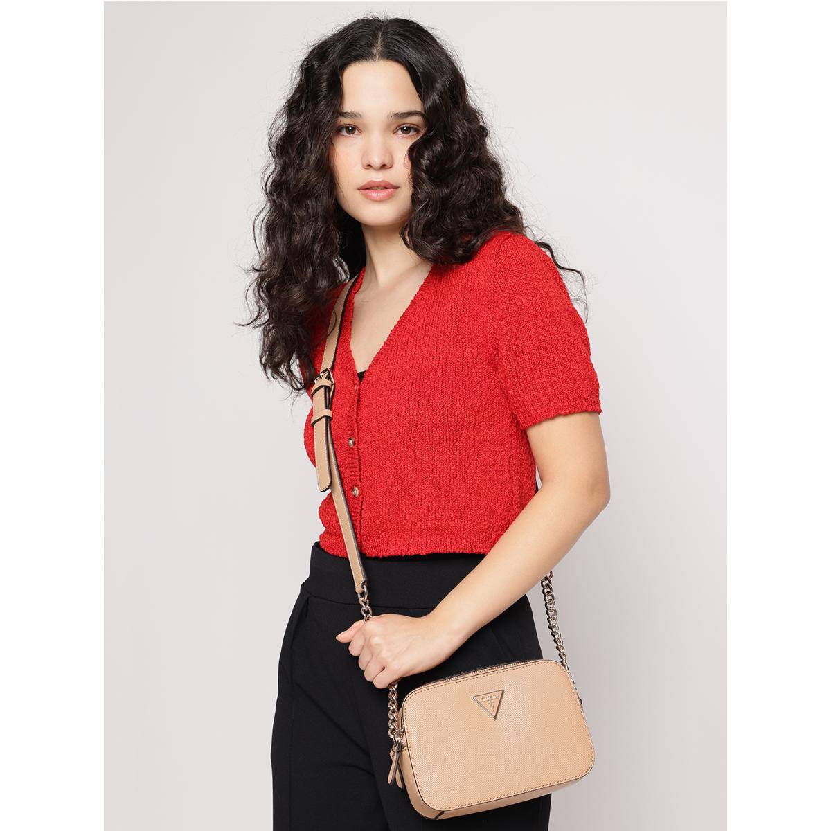 Guess Beige Solid Noelle Camera Sling Bag with Detachable Strap