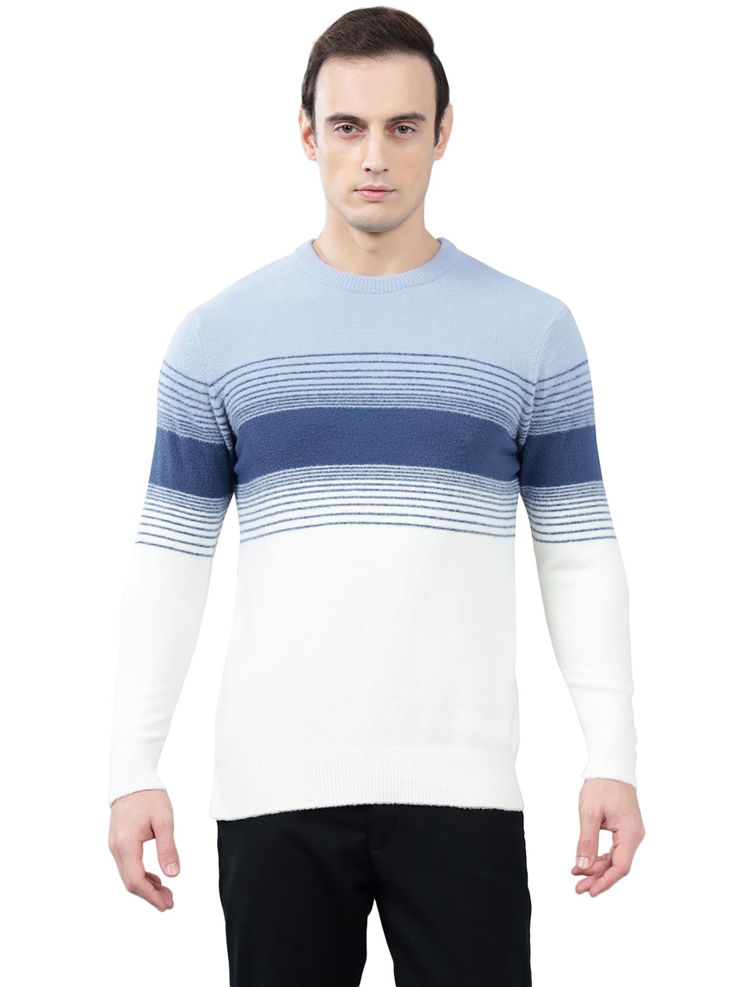 Cantabil Men Light Blue and White Striped Sweater