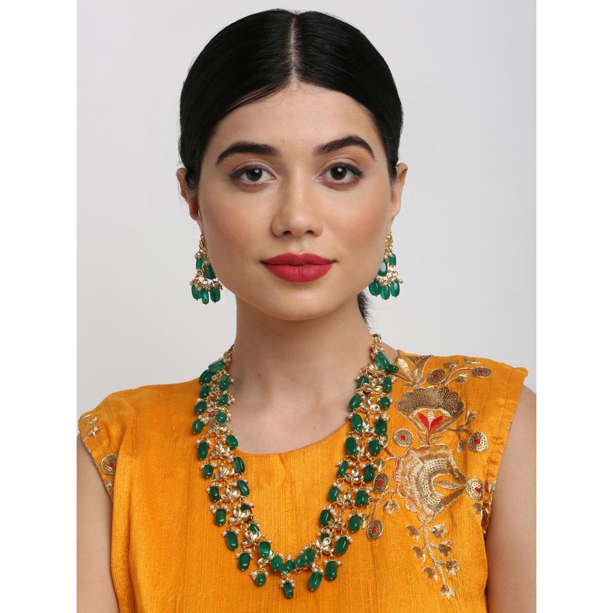 RUBY RAANG STUDIO Gold-Toned Green Faux Kundan-Studded Pearl Beaded Meenakari Jewellery Set