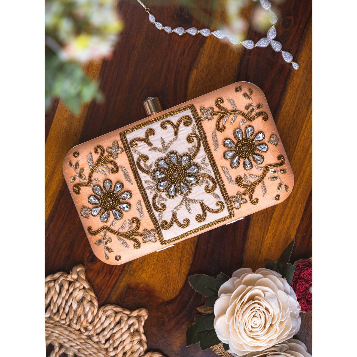 NR BY NIDHI RATHI Women Peach and White Embellished Box Clutch