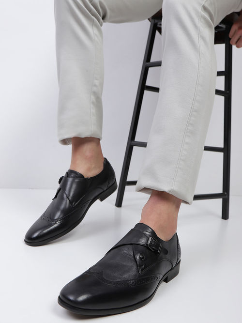 Monte Carlo Men Black Solid Genuine Leather Monk Shoes