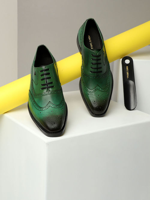 Monte Carlo Men Green Solid Lace Up Genuine Leather Brogue Shoes