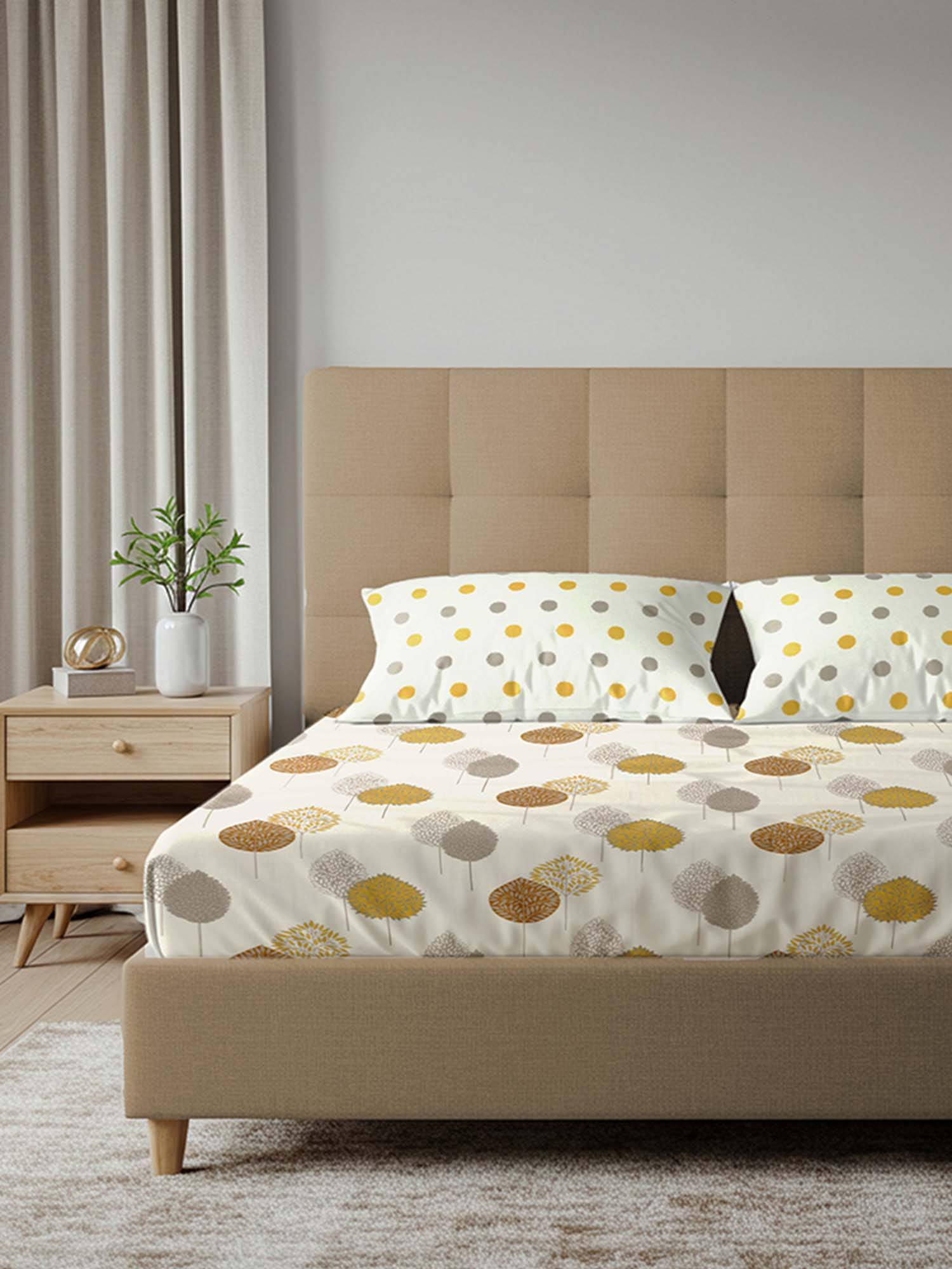 Urban Space Drops Mustard Cotton King Fitted Bedsheet with 2 Pillow Covers