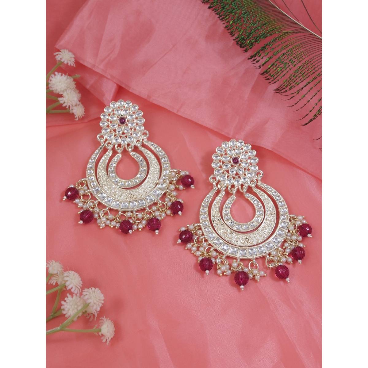 I Jewels Gold Plated Enamel/Meenakari Big Chandbali Earring Glided With Kundan & Pearl Wine