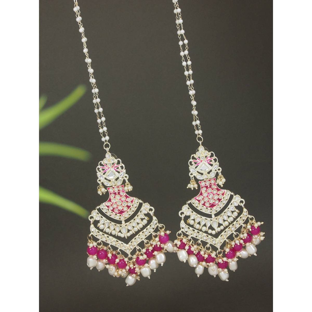 I Jewels Ethnic Gold Plated Kundan Meenakari Pearl Hanging With Ear Chain Earring