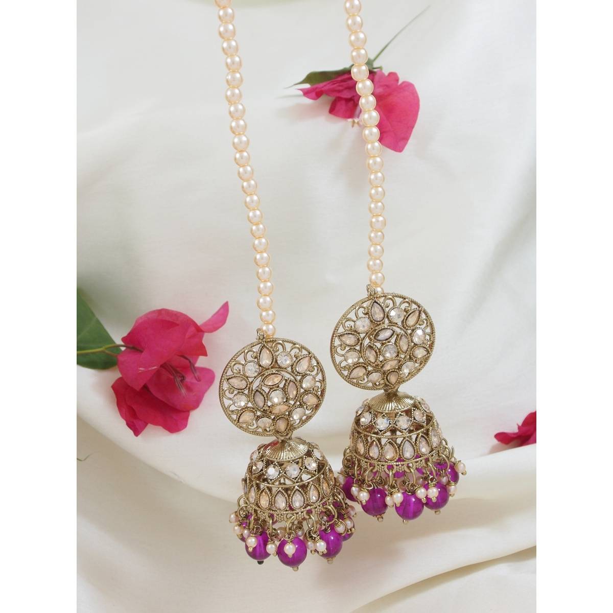 I Jewels Gold Plated Traditional Kundan & Pearl Jhumka Earring With Detachable Ear Chain Purple