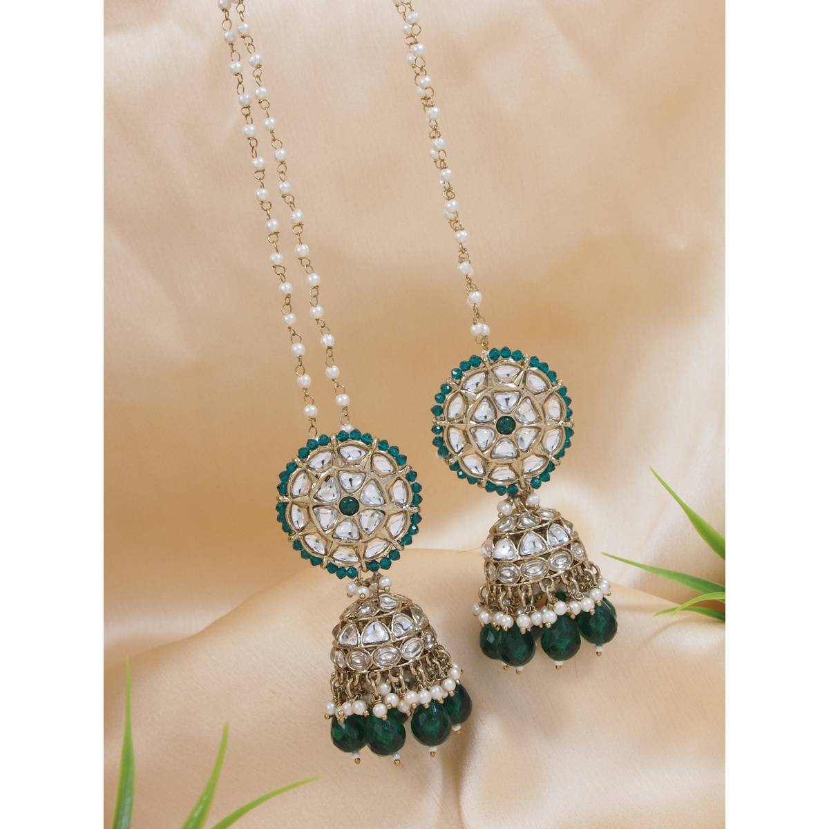 I Jewels Gold Plated Traditional Kundan & Pearl Jhumka Earring With Detachable Ear Chain Green