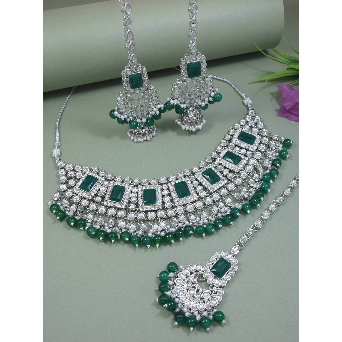 I Jewels Silver Plated Traditional Kundan & Pearl Bridal Choker Necklace Jewellery Set Green