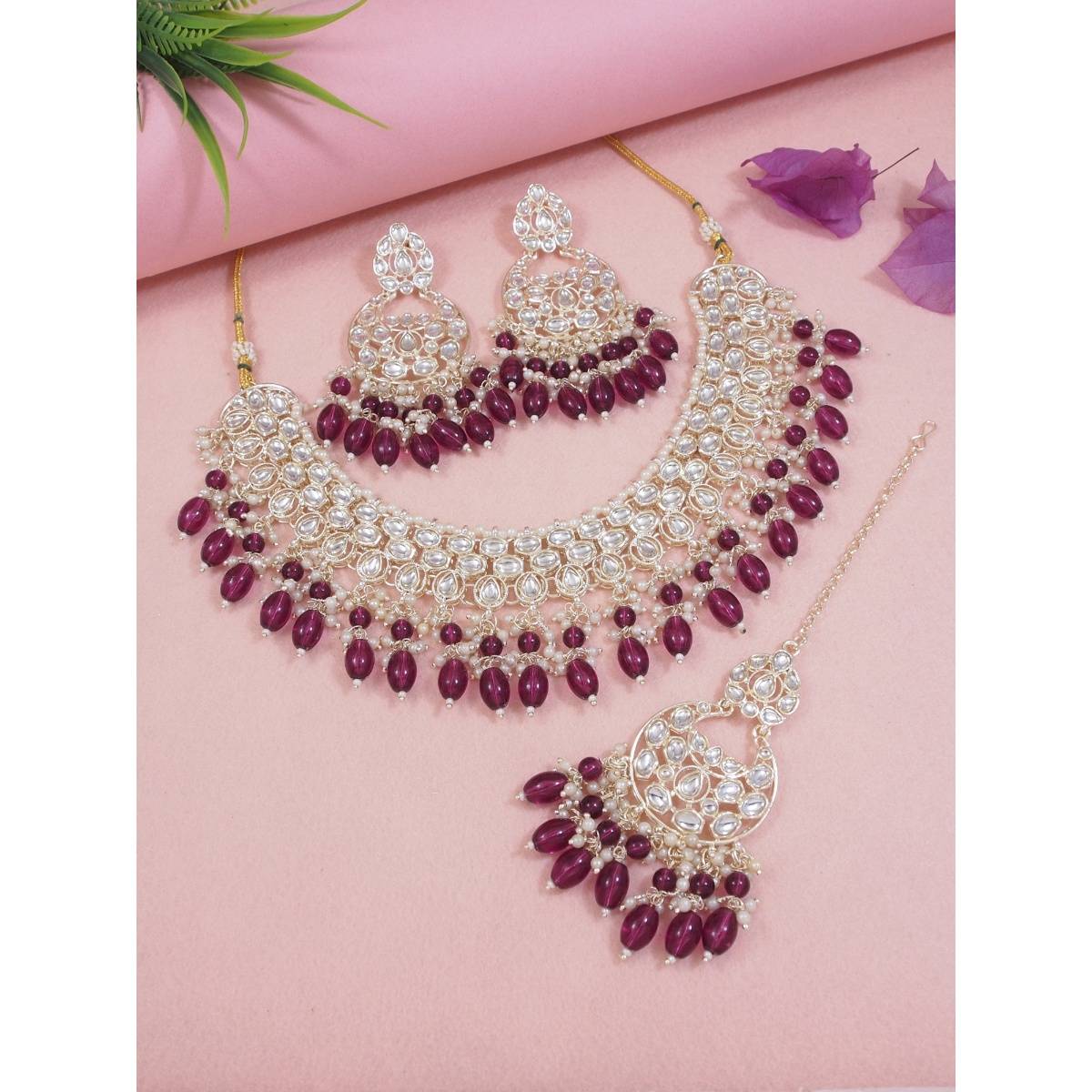 I Jewels Gold Plated Traditional Kundan & Pearl Choker Necklace Jewellery Set Wine