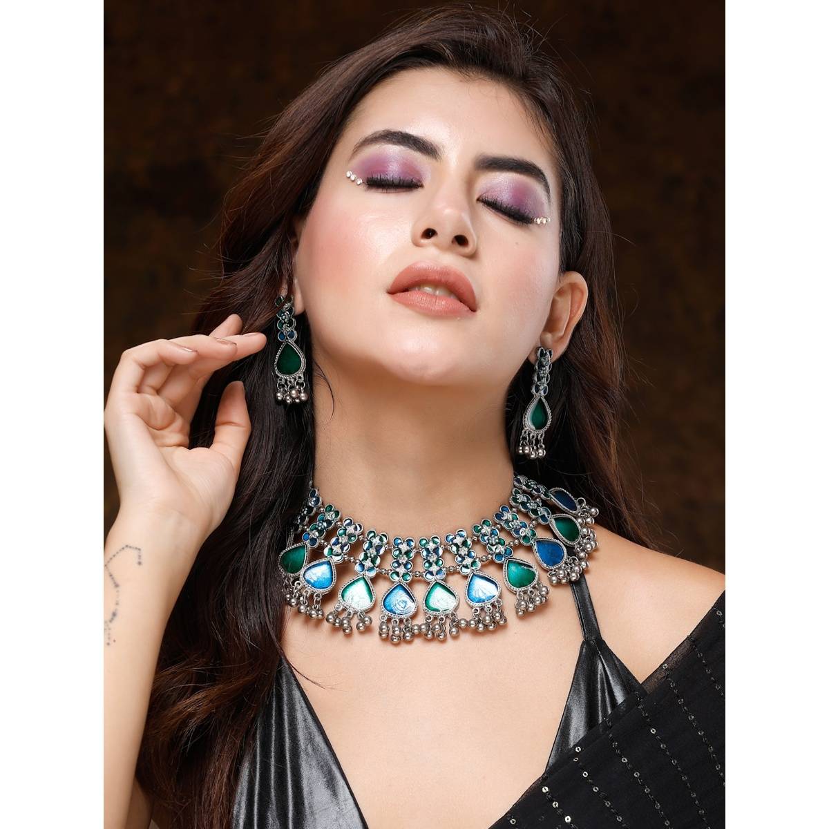 Moedbuille Handcrafted Meenakari Work Antique Design Oxidised Silver Plated Jewellery Set Blue