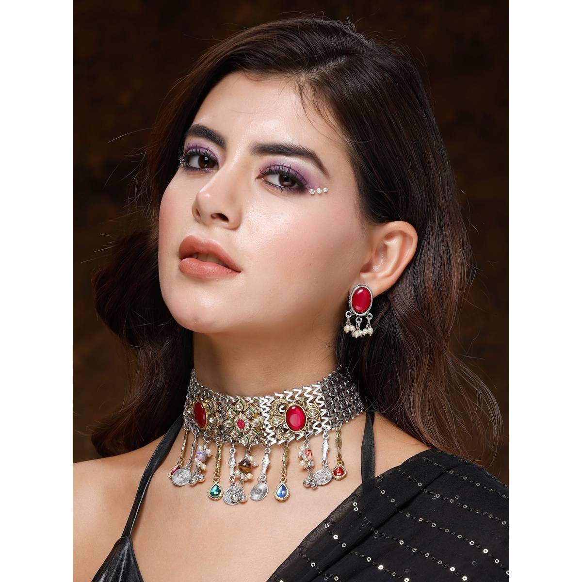 Moedbuille Kundan & Stones Handcrafted Tribal Tasselled Silver Plated Jewellery Set
