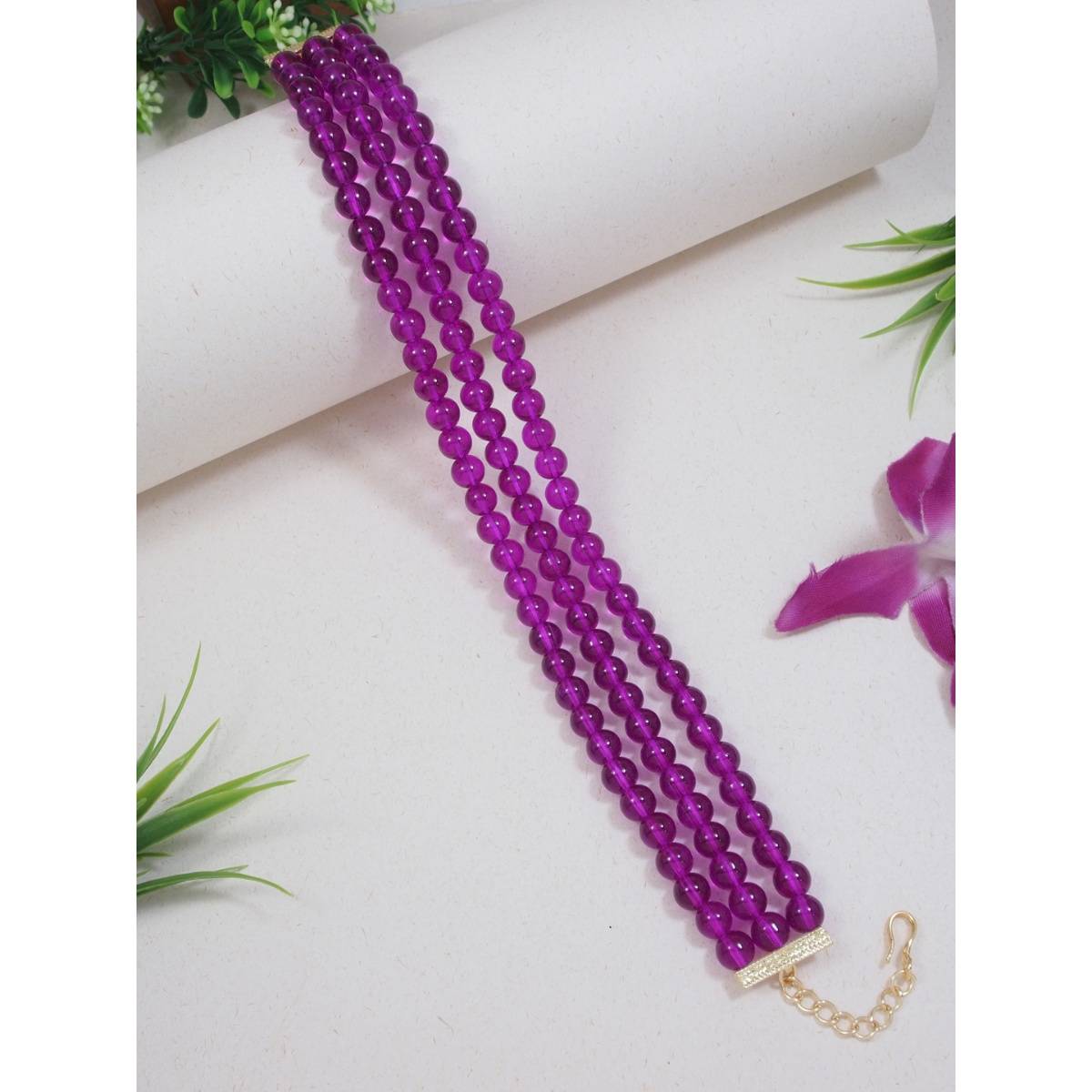 I Jewels 3 Layer Light Weighted Pearl Choker Necklace Purple