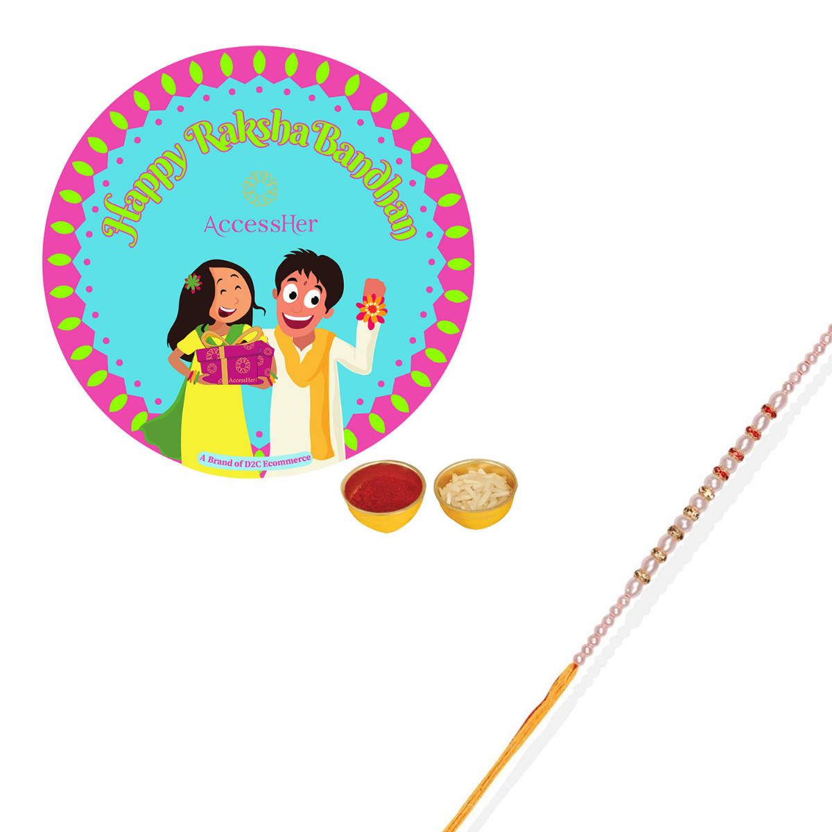 Accessher Pearl Rakhi Elegant for Brother with Rice Roli & Card