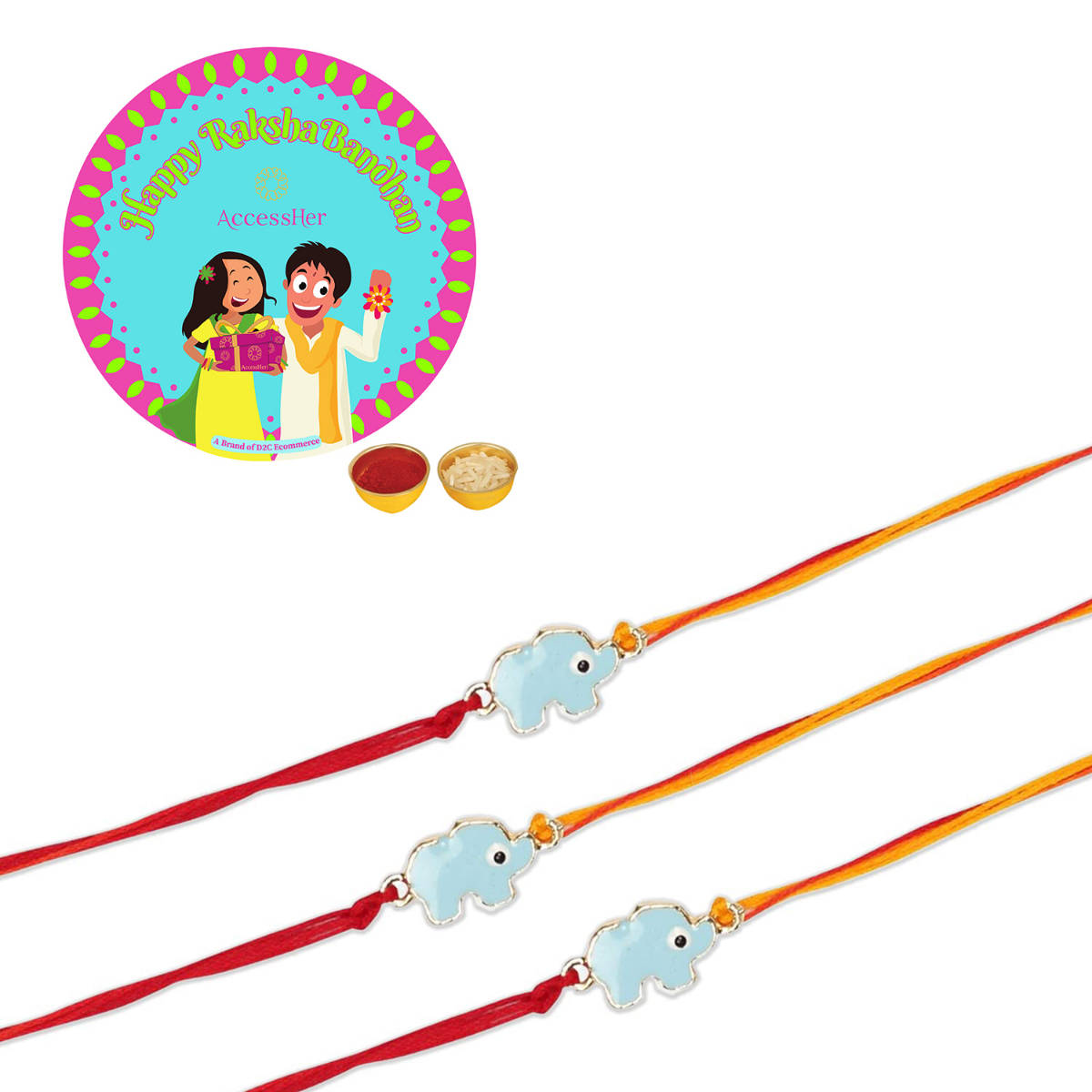 Accessher Blue Enamel Elephant Rakhi Pack of 3 for Kids, Brother, Rice, Roli & Card
