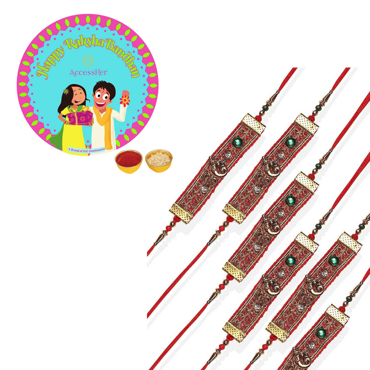 Accessher Designer Elephant Rakhi for Brother Pack of 6 with Rice Roli & Card