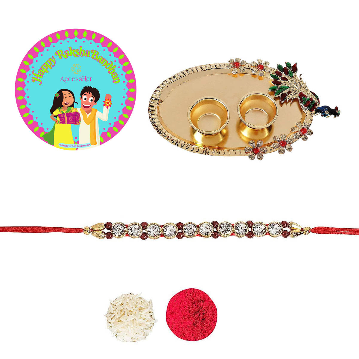 Accessher Elegant Rakhi Set Acrylic Pooja Thali, Rice Roli, Card