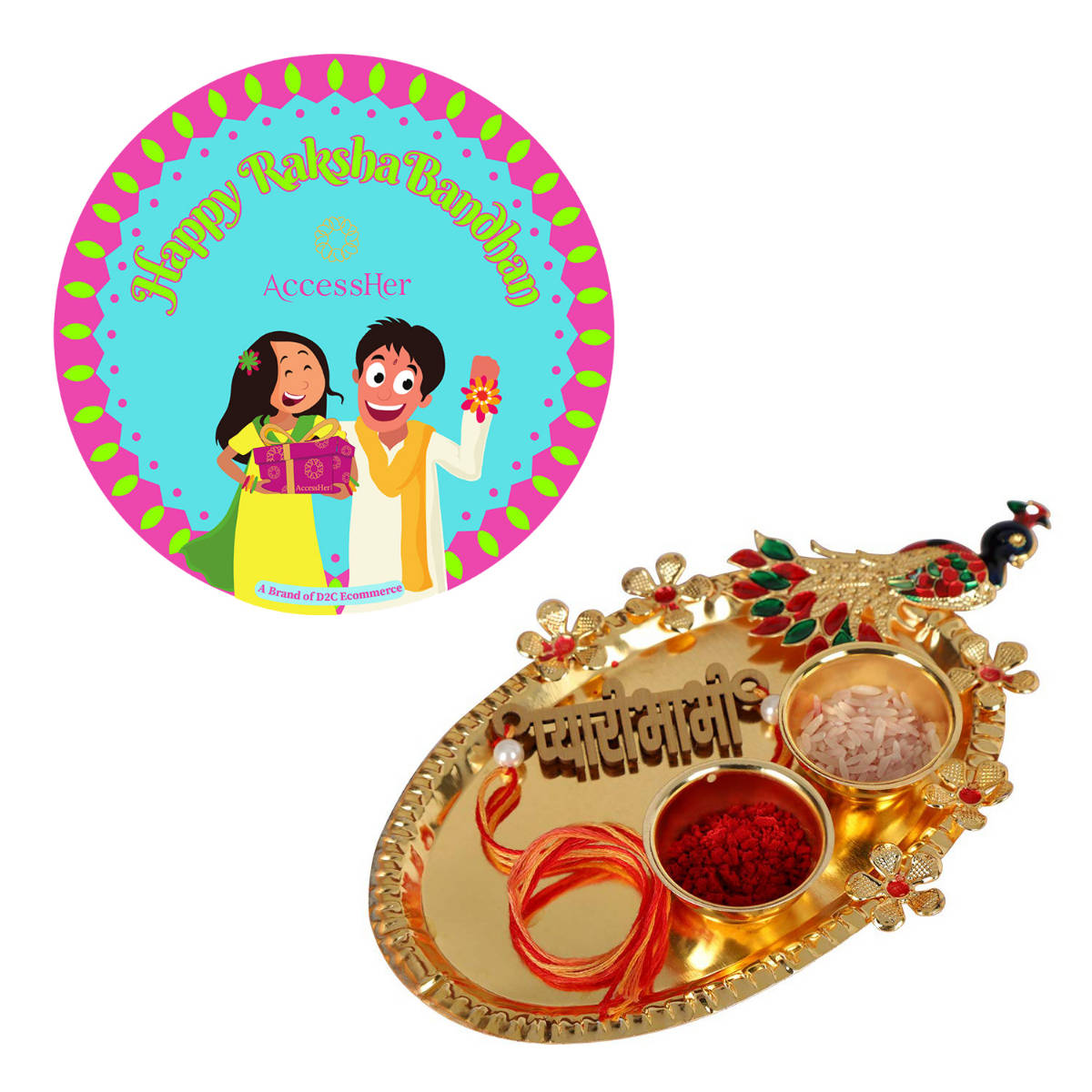 Accessher Gold Elegant Rakhi Set with Pooja Thali, Rice, Roli & Card