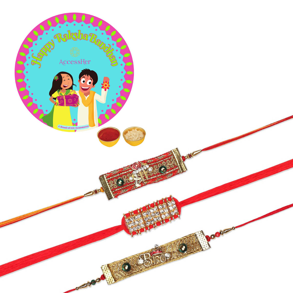 Accessher Multi Set of 6 with Statement Fabric Rakhi Pack of 3 with Rice, Roli & Card