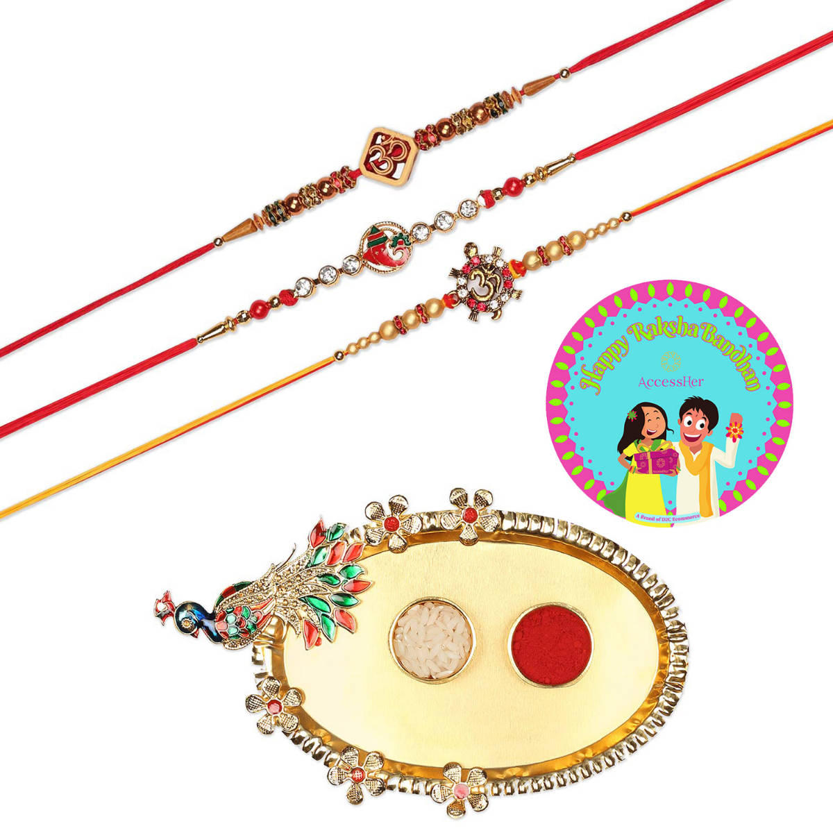 Accessher Gift Set of 7 with Rakhi Pack of 3, Peacock Design Thali, Rice, Roli & Card