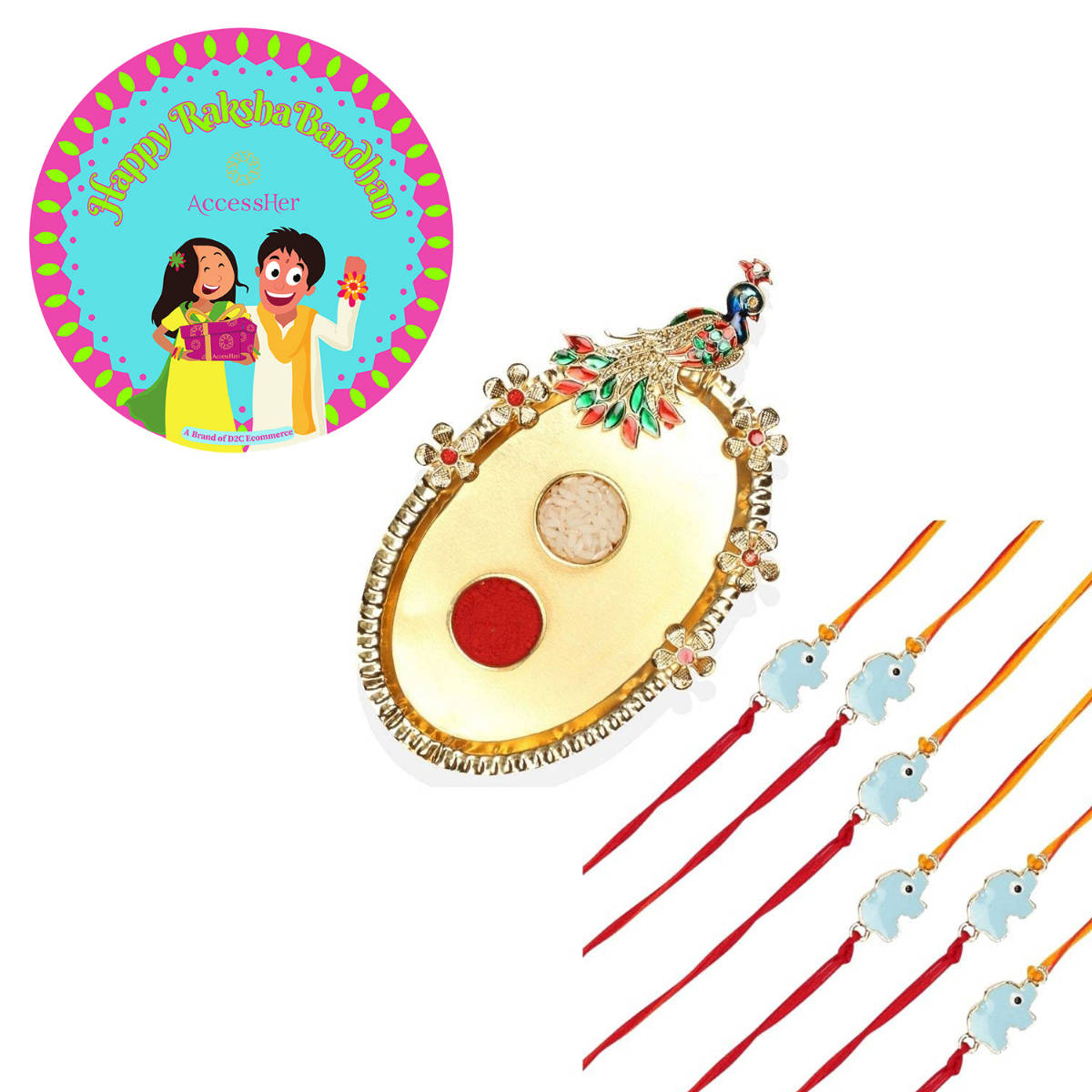 Accessher Golden Pooja Thali Rakhi Set Pack of 6 with Roli, Rice & Card
