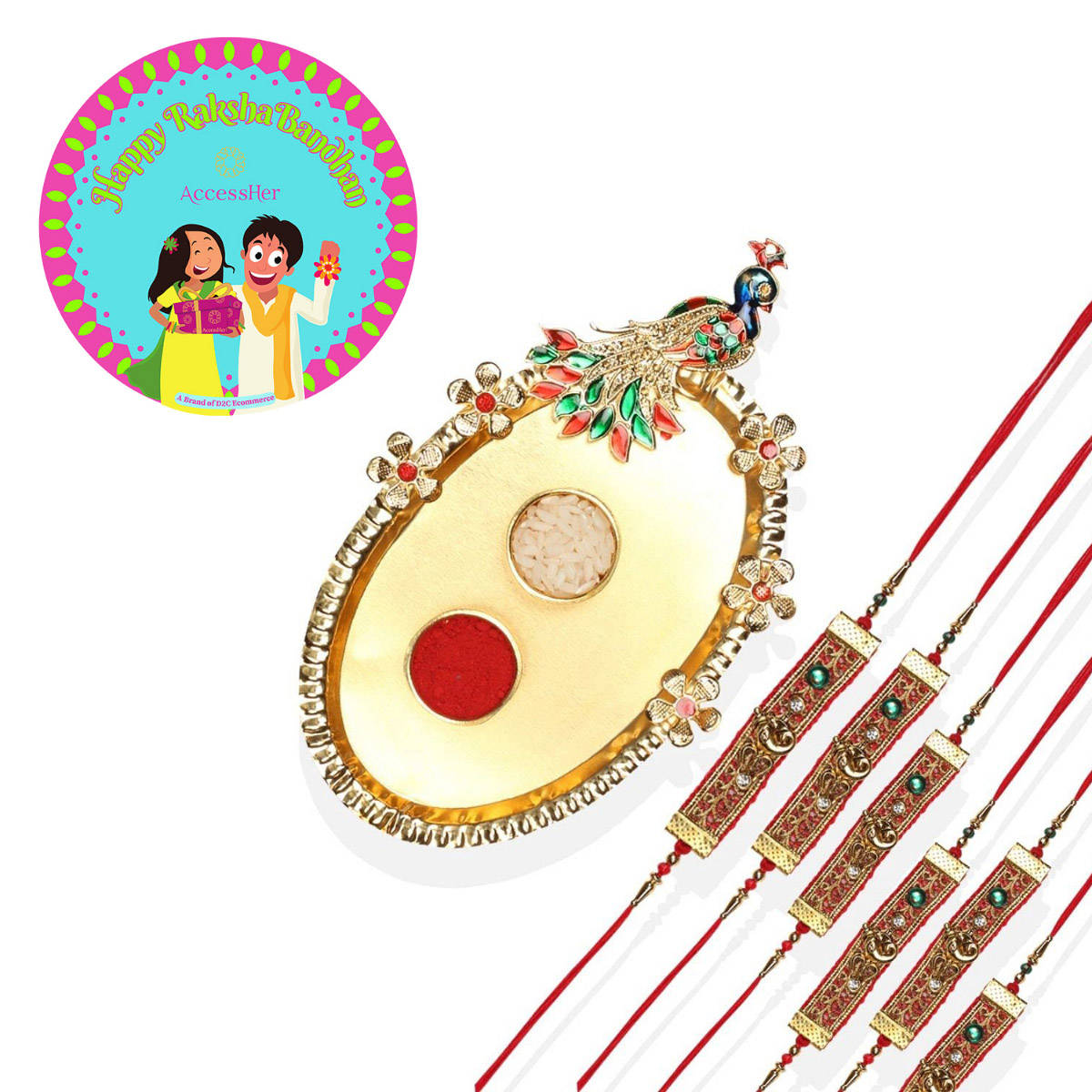 Accessher Elegant Rakhi Pack of 6 with Golden Pooja Thali, Rice Roli & Card