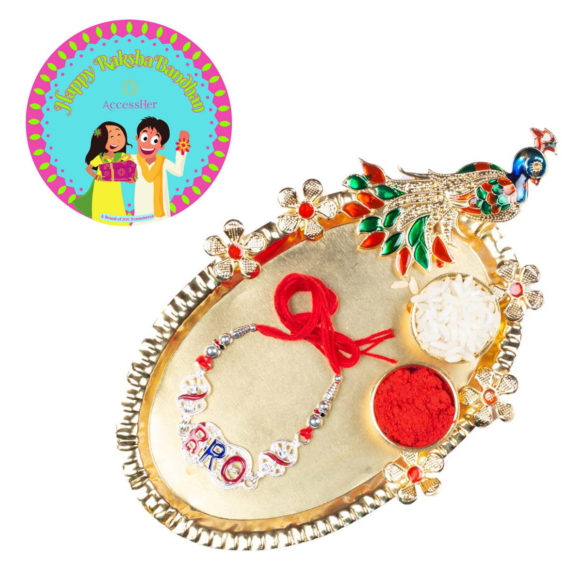 Accessher Gift Set of 5 with Silver Rakhi, Peacock Thali, Rice, Roli & Card