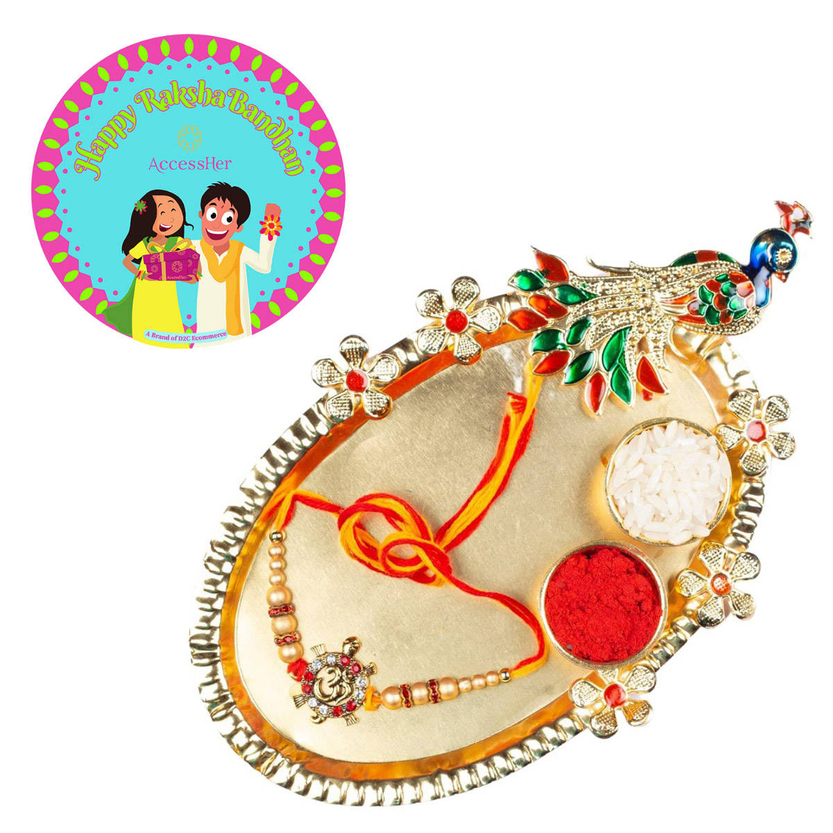 Accessher Gift Set of 5 with Religious Om Rakhi, Peacock Thali, Rice, Roli & Card