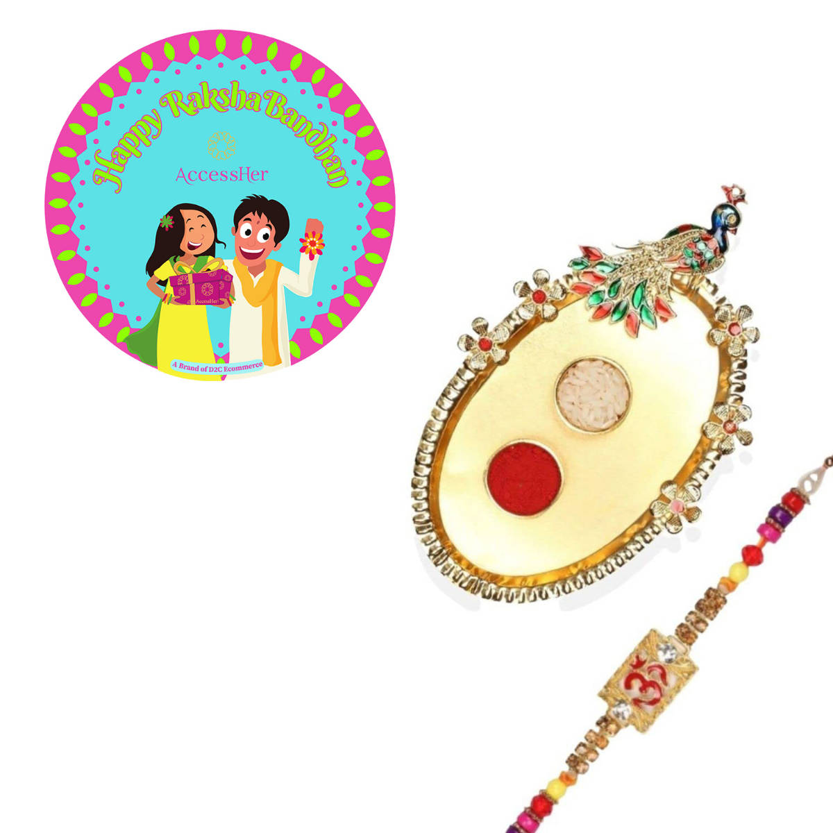 Accessher Gift Set of 5 with Om Rakhi, Peacock Thali, Roli, Rice & Card
