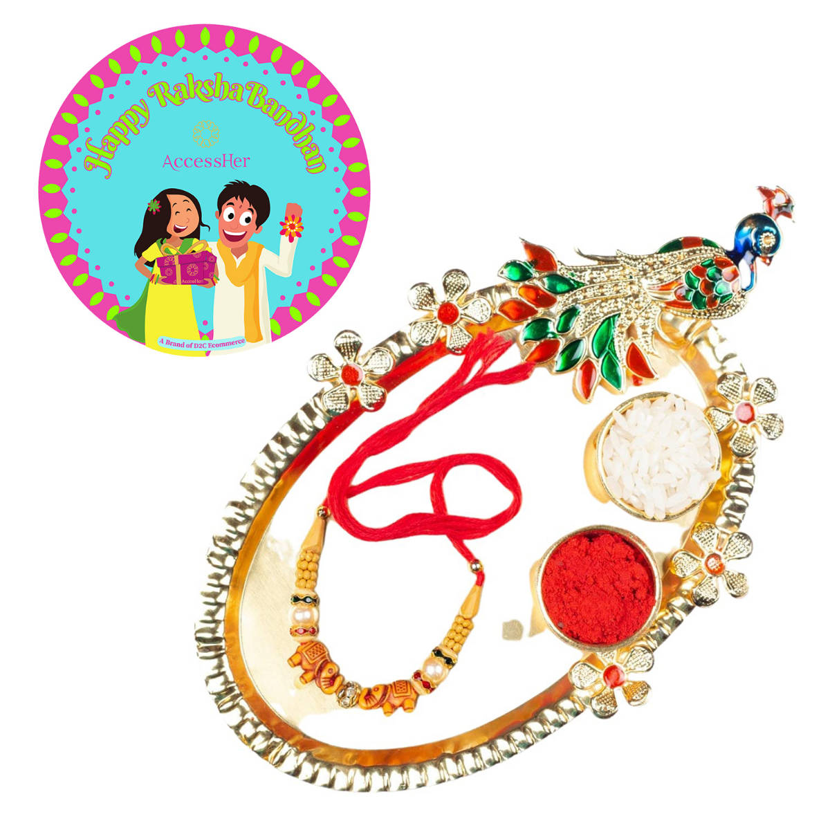Accessher Gift Set of 5 with Beads Rakhi, Peacock Thali, Rice, Roli & Card