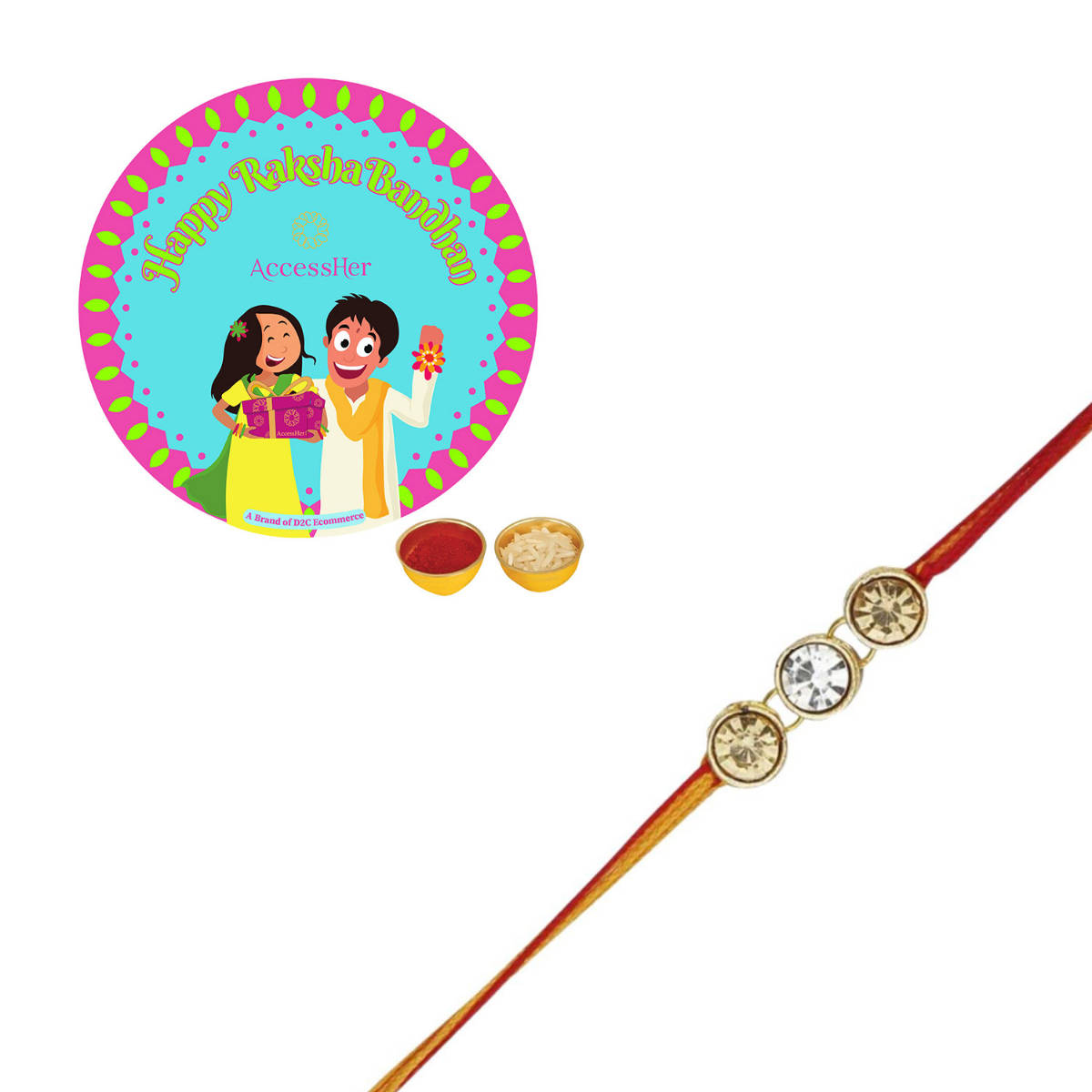 Accessher Gold Brass Rhinestone Rakhi for Men and Women with Rice, Roli & Card