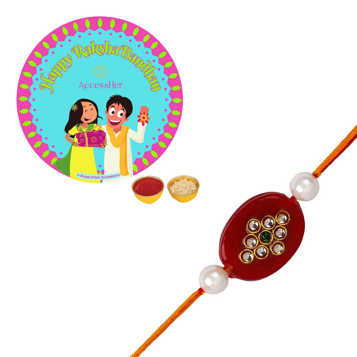 Accessher Elegant Pearl Rakhi for Beloved Brother with Rice, Roli & Card
