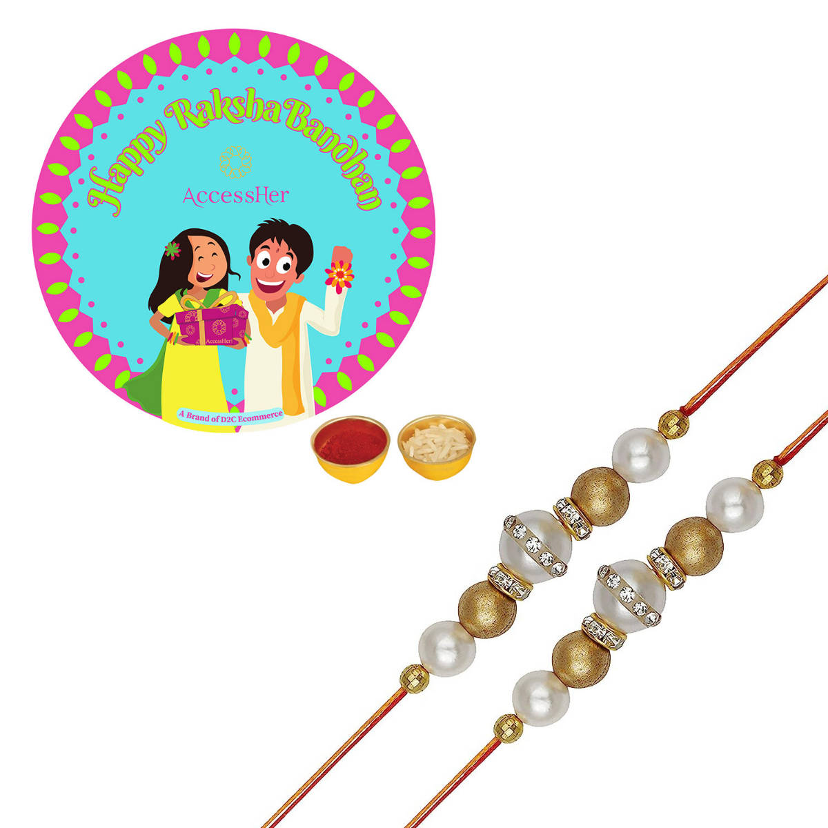 Accessher Gold Color Pearls Rhinestone Rakhi Pack of 2 with Rice Roli & Card