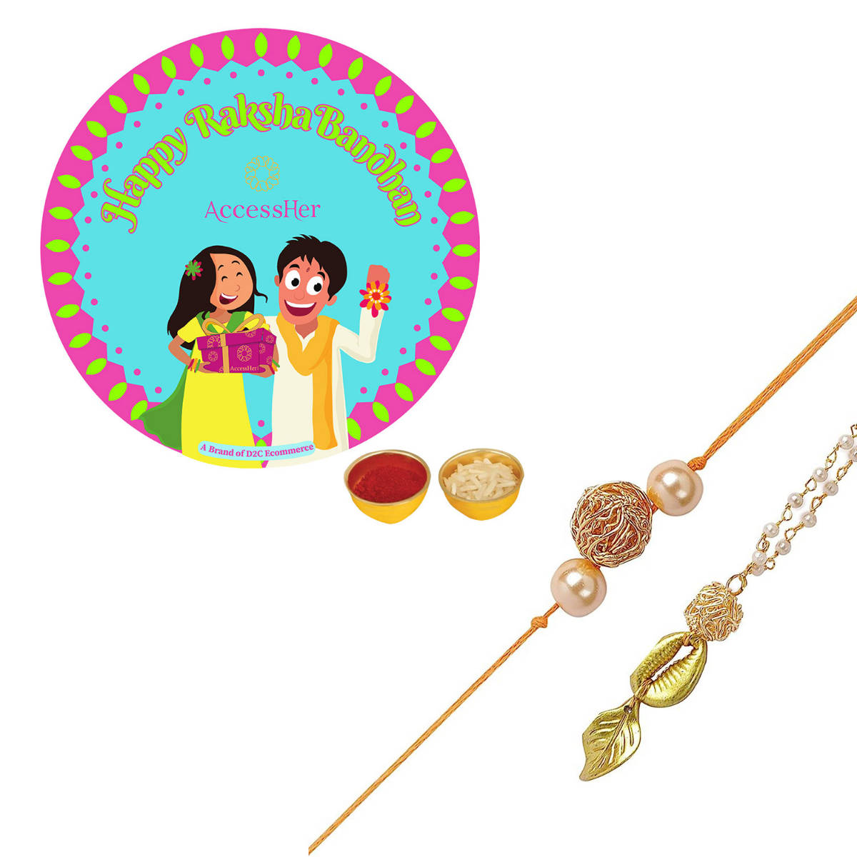 Accessher Elegant Bhaiya Bhabhi Rakhi Lumba Matching Combo with Rice Roli & Card
