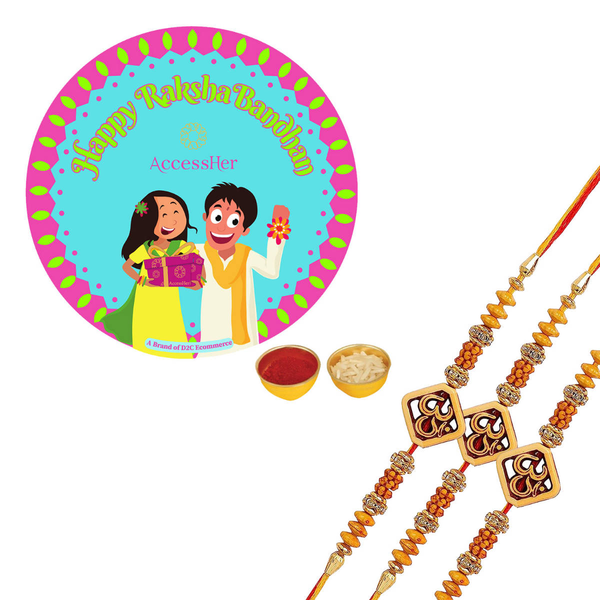 Accessher Wooden OM Rakhi Pack of 3 for Brother Rice Roli & Card