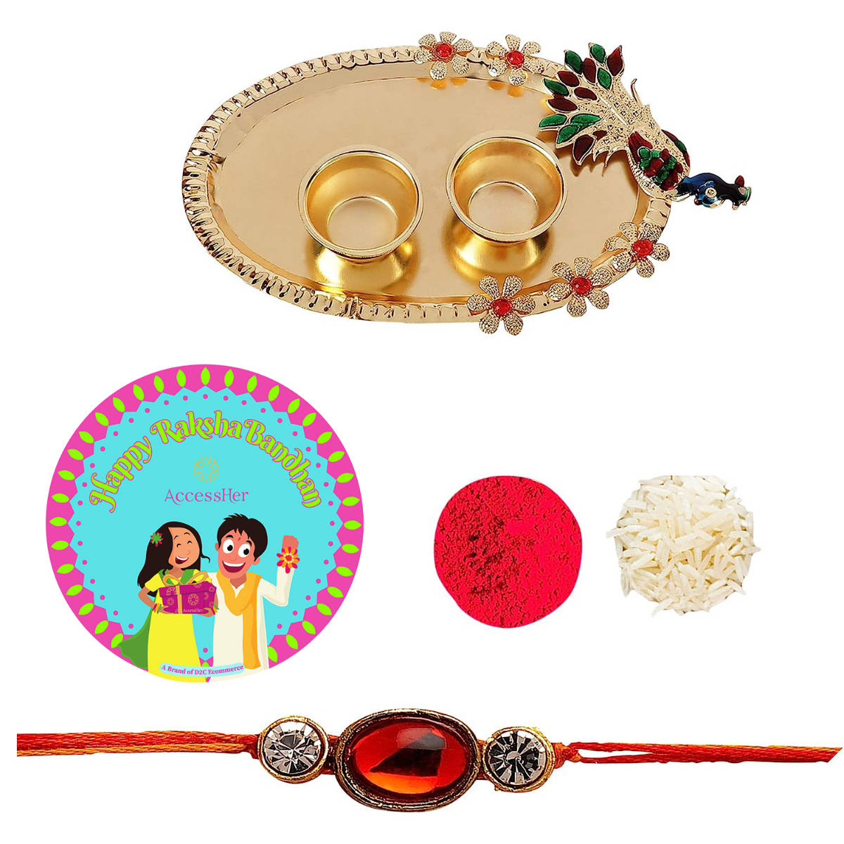 Accessher Elegant Rakhi Set with Golden Pooja Thali, Rice Roli & Card for Both