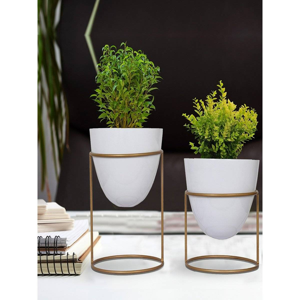 Ecofynd Alle White Metal Plant Pot With Stand (Set Of 2)