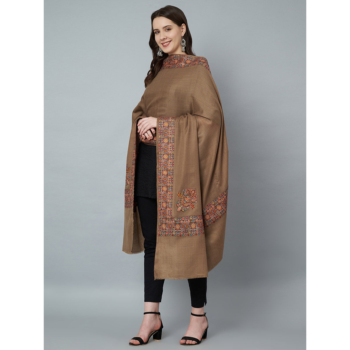 Buy MUFFLY Silky Pashmina Fine Wool Nalki Border Embroidered