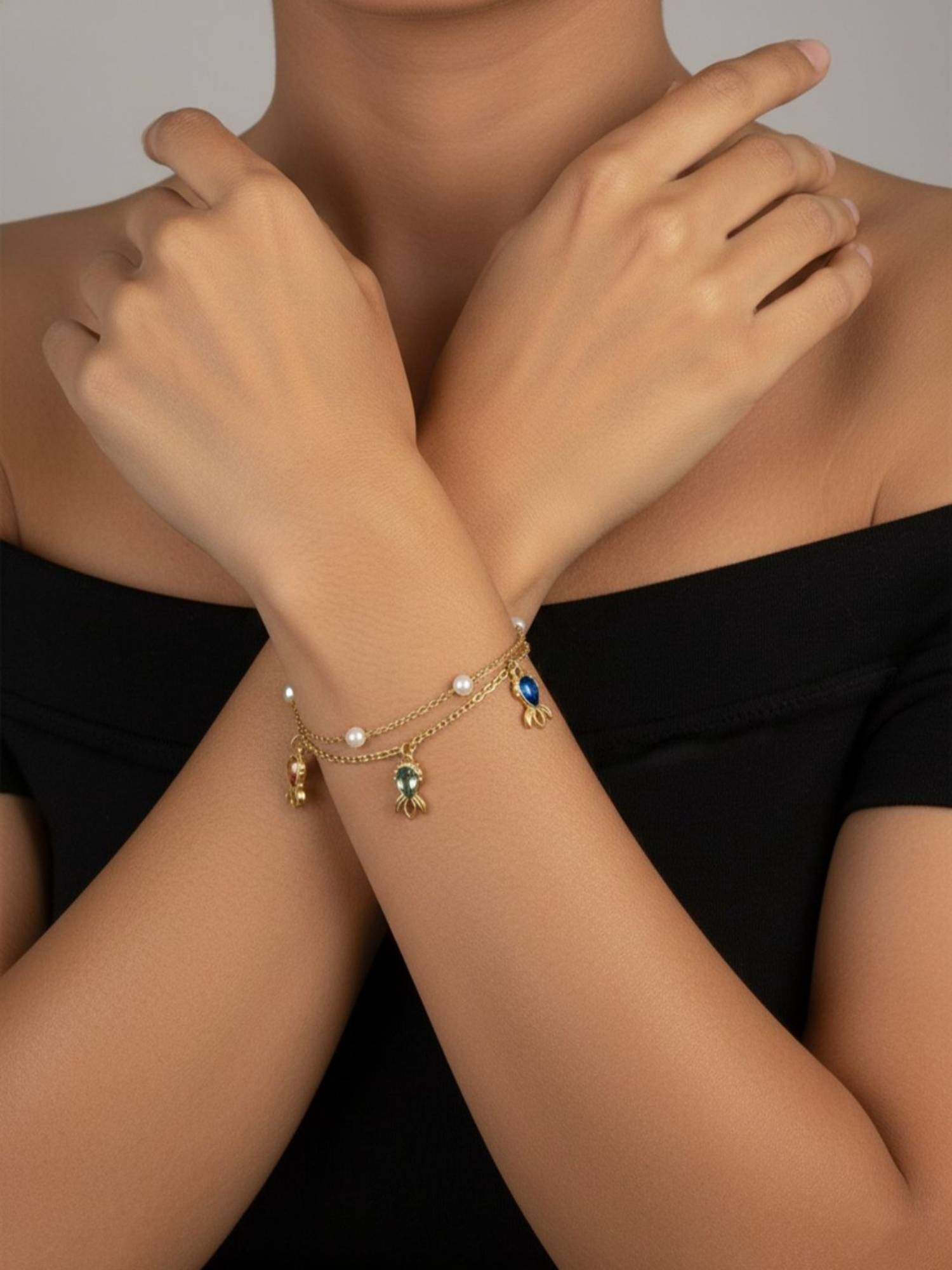 RACHIVA 18K Gold Plated Pearl And Stone Charm Bracelet For Women