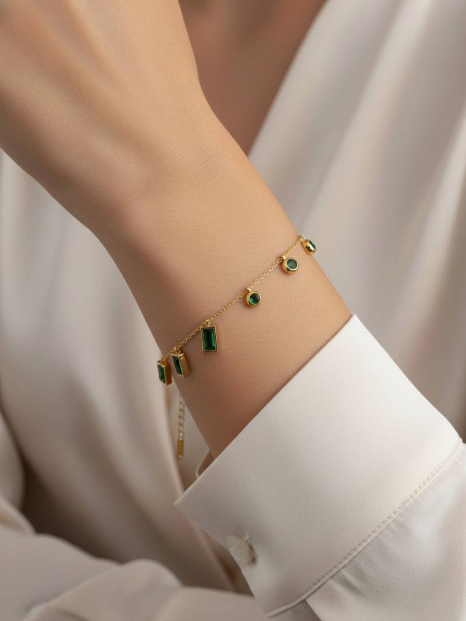 RACHIVA 18K Gold Plated Green Stone Charm Bracelet For Women