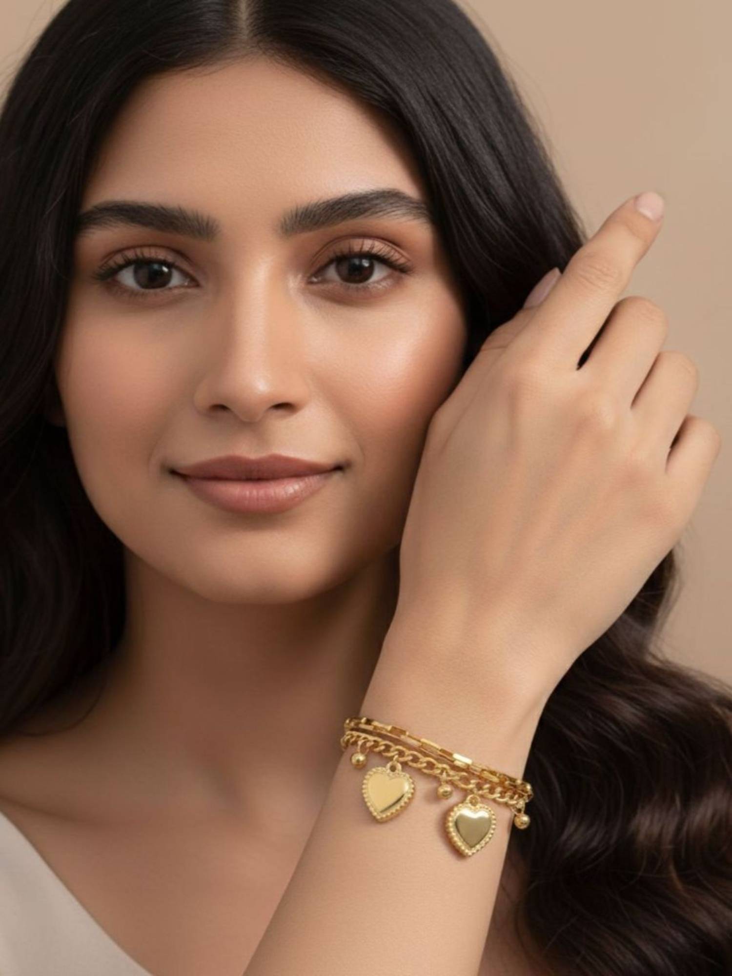 RACHIVA 18K Gold Plated Chunky Heart Charm Bracelet For Women