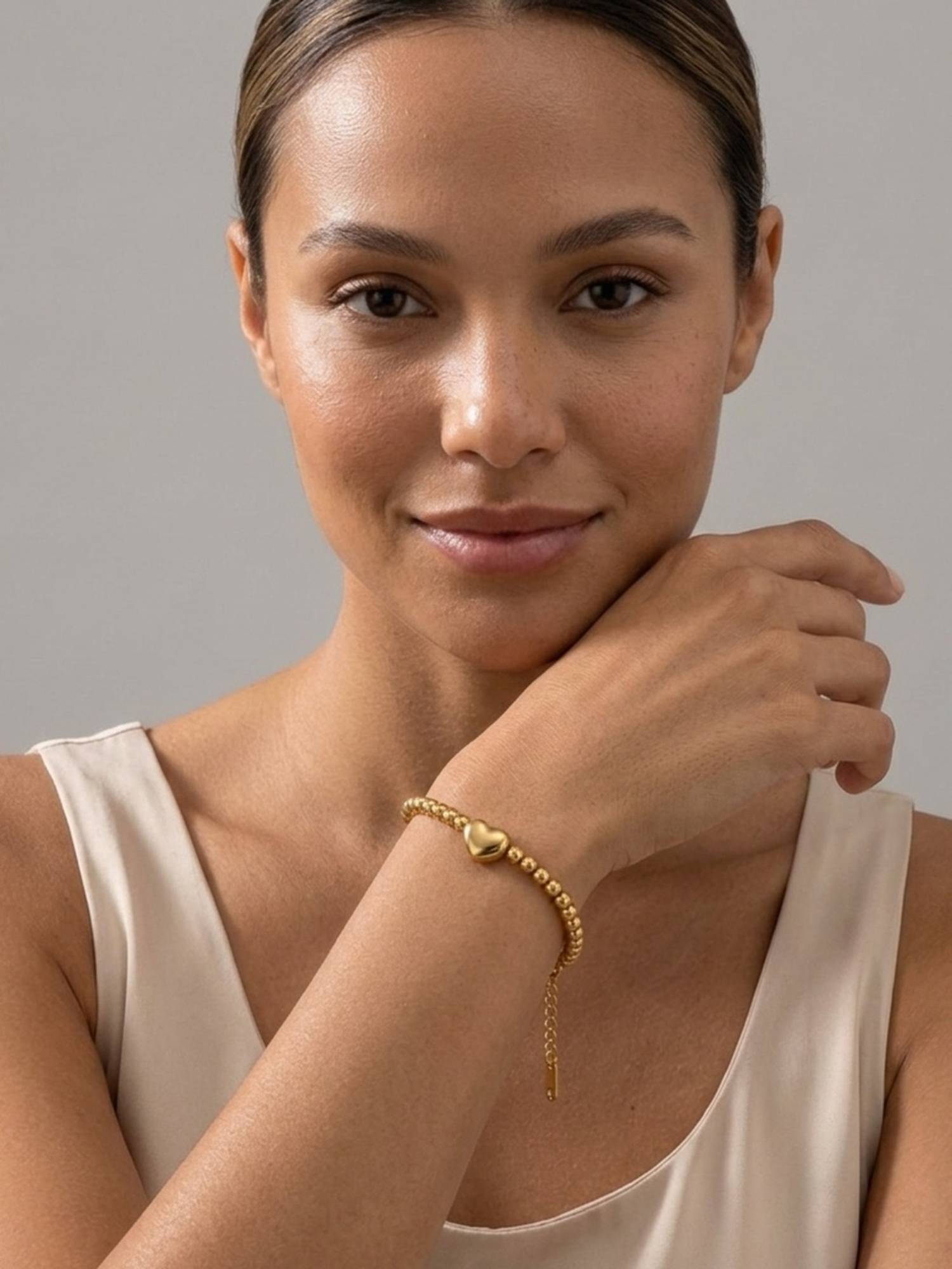 RACHIVA 18K Gold Plated Ball Bead Heart Charm Bracelet For Women