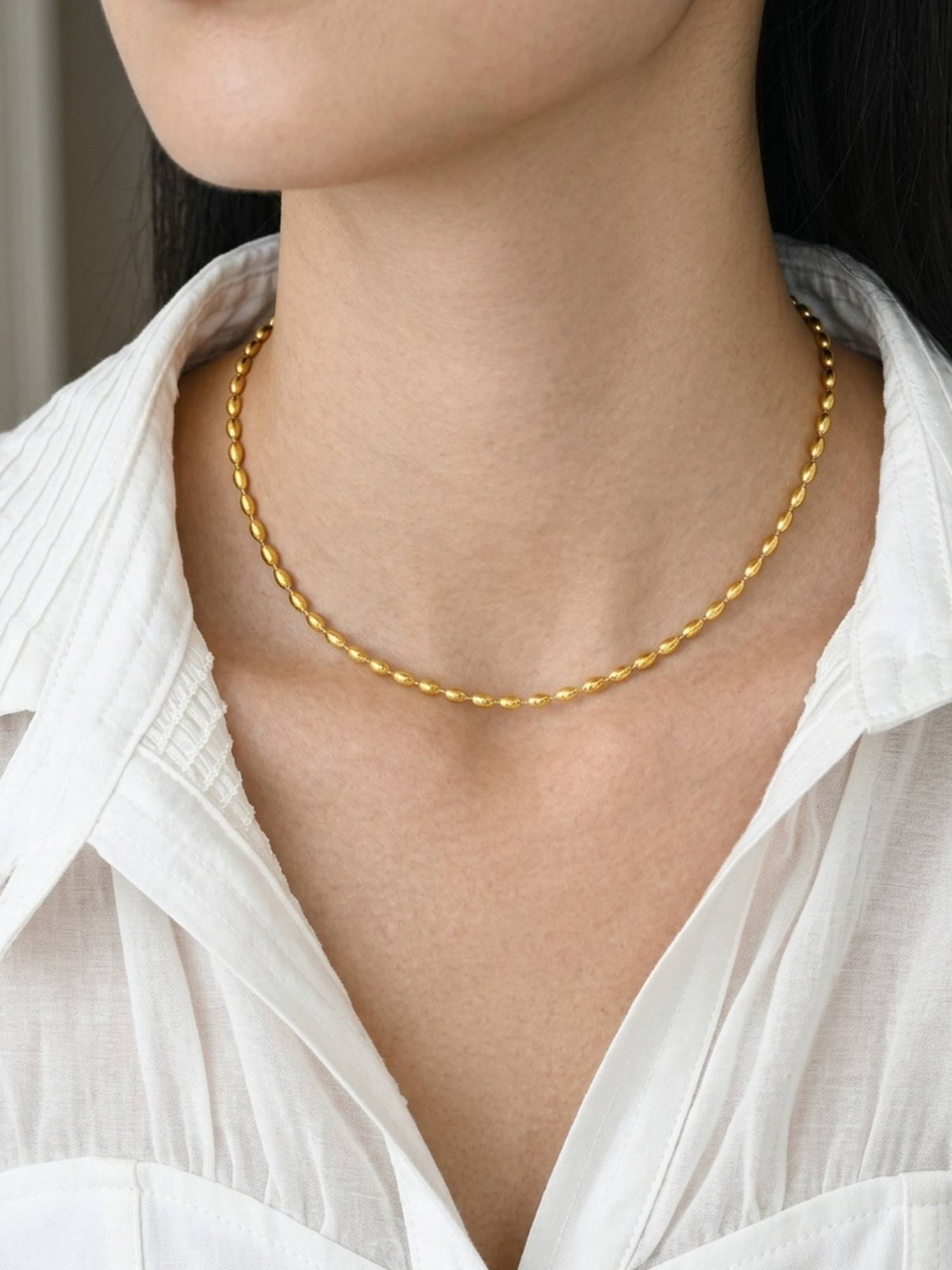 RACHIVA 18K Gold Plated Glossy Oval Bead Chain Necklace