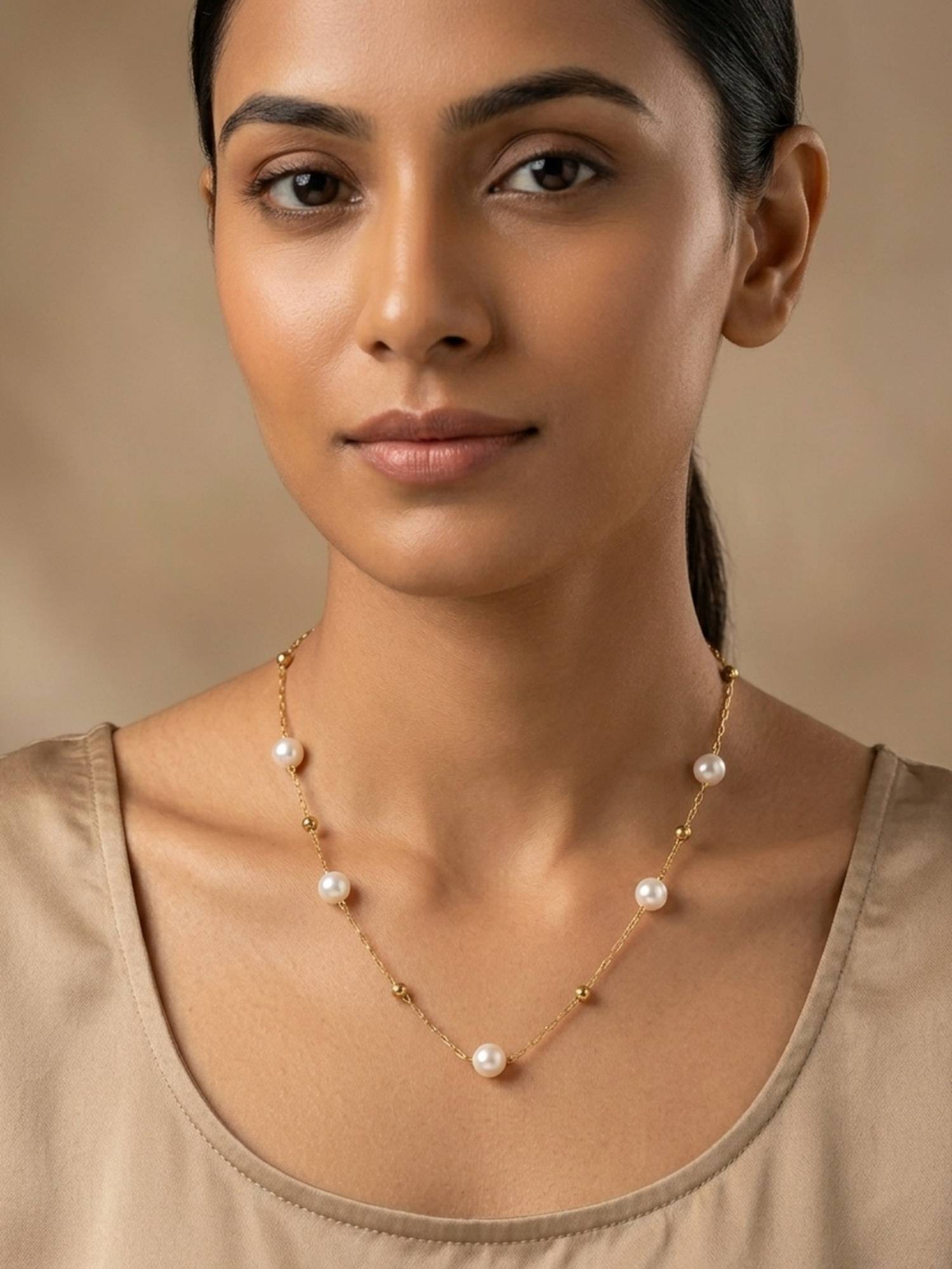 RACHIVA 18K Gold Plated Five Pearl Station Paperclip Chain Necklace